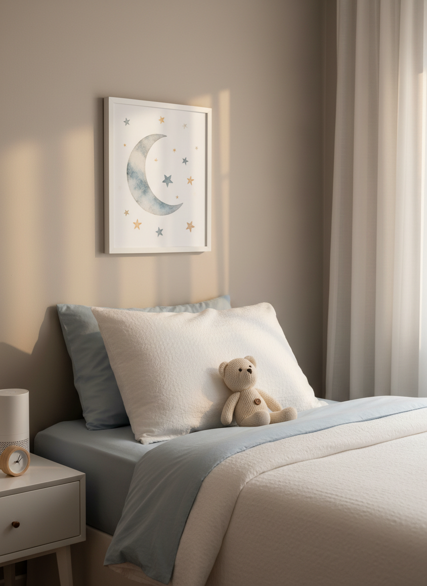 A neatly made child’s bed featuring soft, pale-blue cotton sheets and a plush, textured white duvet, with a small, neutral-toned stuffed animal resting near the pillow. The bed stands against a light, warm-gray wall with a simple framed moon-and-stars print above it. A white noise machine and a slim, wooden analog clock sit on a clean nightstand. Soft, diffused evening light filters through sheer curtains, creating gentle shadows and a calm, inviting glow. Photographic realism, eye-level composition with a slight angle, moderate depth of field keeping the entire sleep space in crisp focus. The mood is serene, safe, and professional, ideal for a child sleep support website.